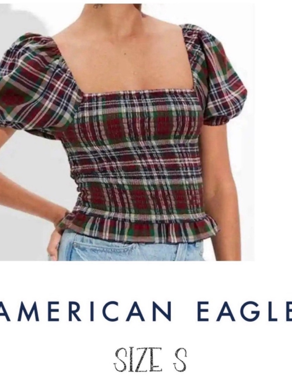 American Eagle sz S plaid smocked stretchy puffy sleeves top Christmas vibes